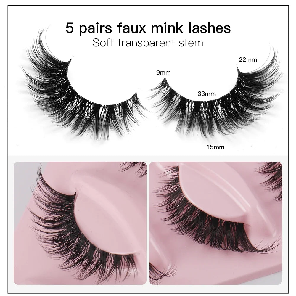 Five pairs of mink lashes with soft transparent stems shown on a pink cosmetic tray.