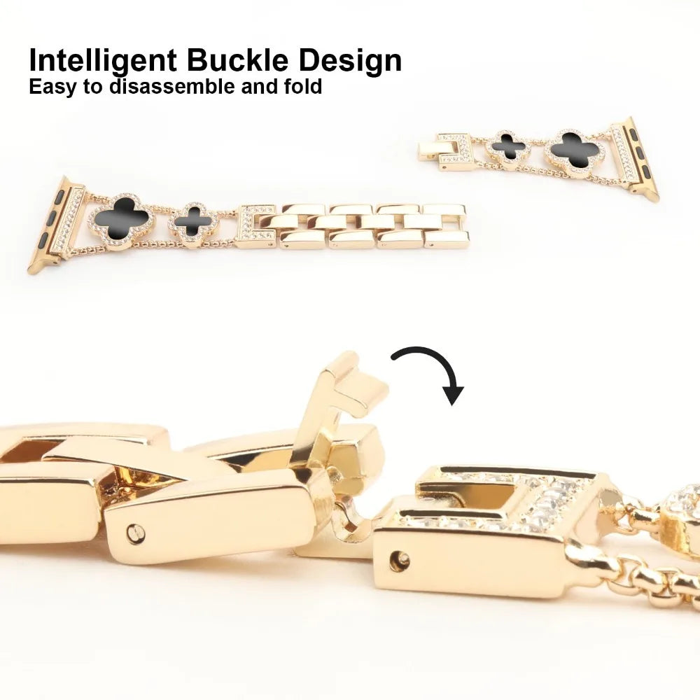 Bracelet de montre universel scintillant doré avec boucle intelligente, montré démonté et assemblé