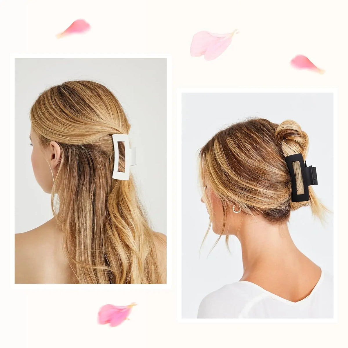 A set of seven square hair claw clips in various shades of pink and black shown against a white background.