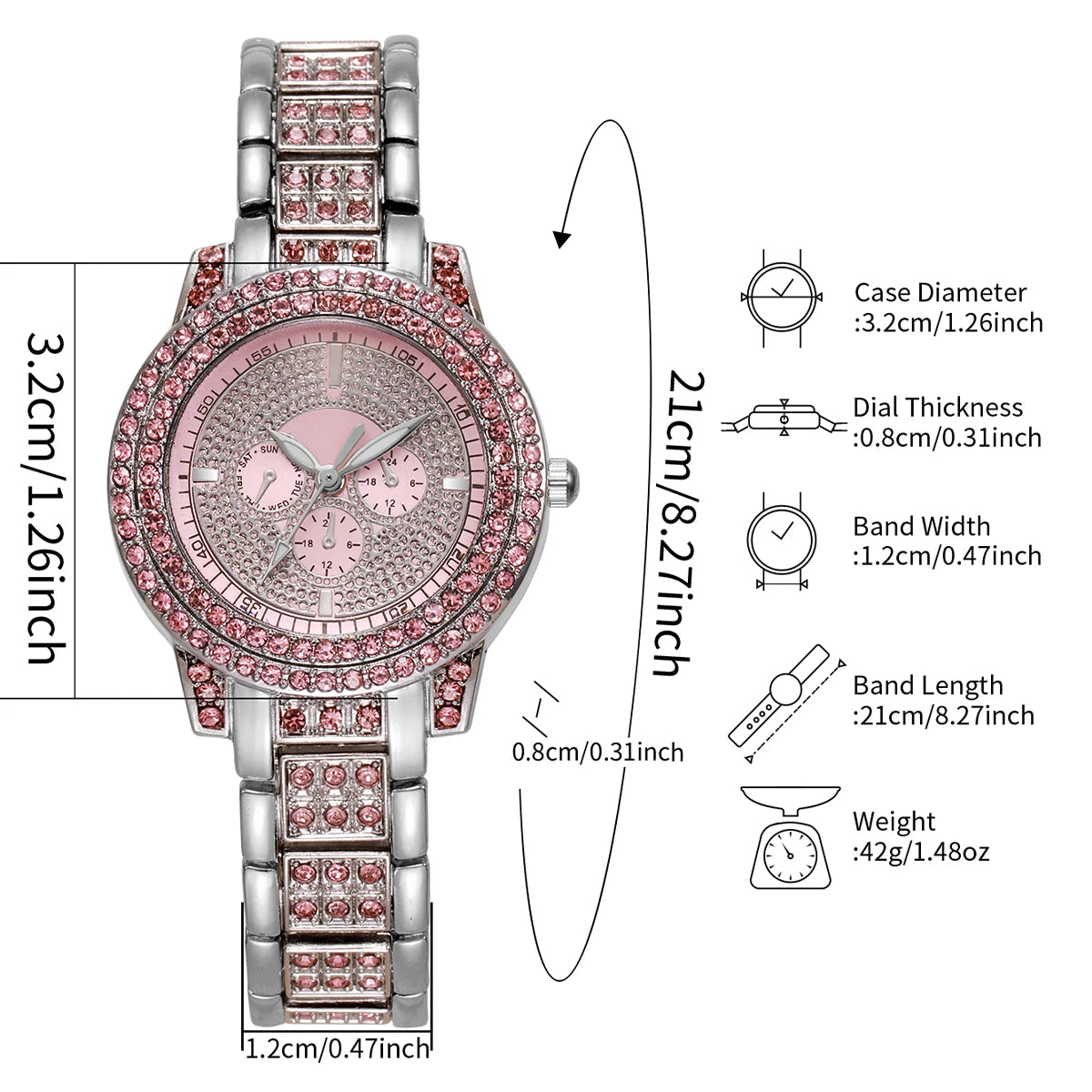 A pink and silver diamond rhinestone watch set featuring a round case, bracelet, and watch face.