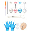 A set of 14G stainless steel belly button piercing jewelry and tools including various colored balls and piercing needles.