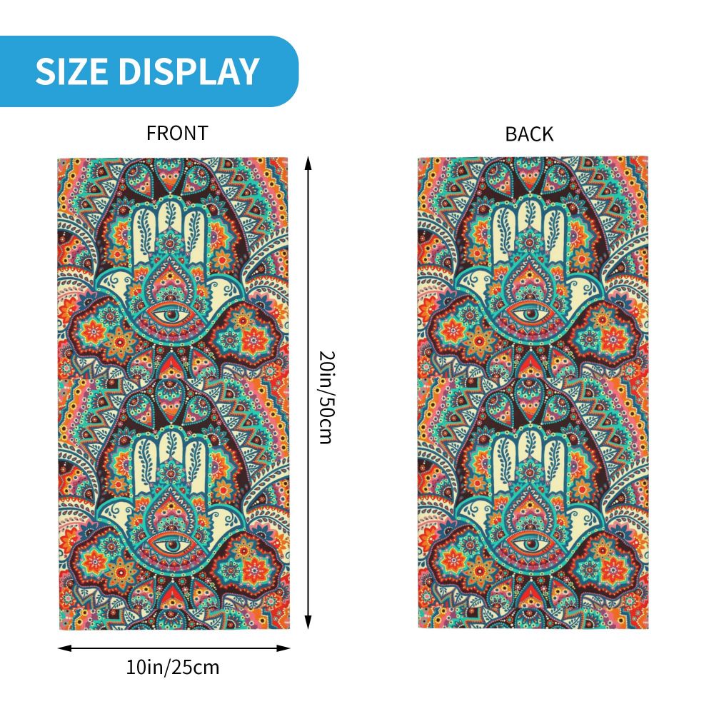 Front and back views of a Bohemian Hamsa Hand bandana neck gaiter featuring intricate colorful patterns