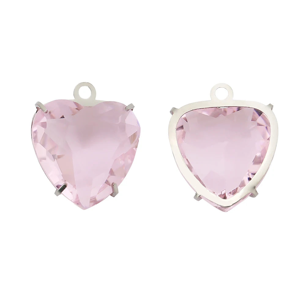 A pair of pink heart crystal pendants made of PVD stainless steel.