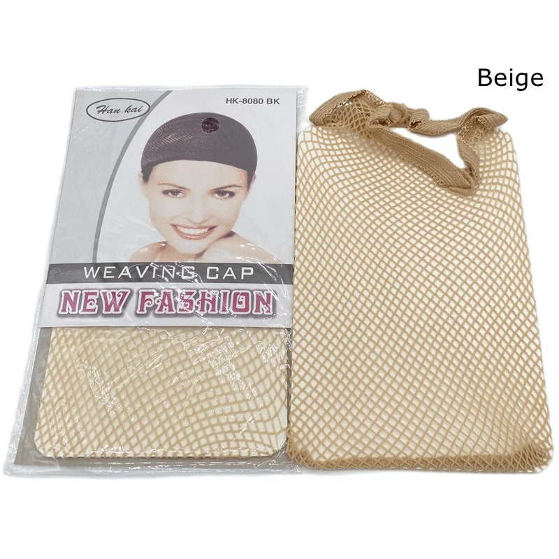 Beige weaving cap product with a model wearing the cap and a separate mesh bag.
