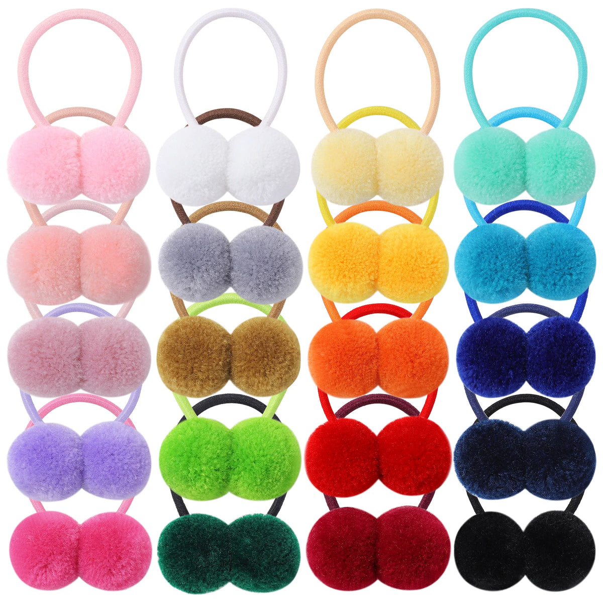 A collection of colorful double plush elastic hair bands for girls in various shades including pink, white, yellow, green, or