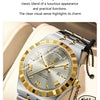 A silver and gold men's quartz wristwatch with a leather strap and a white tag is displayed on a light background.