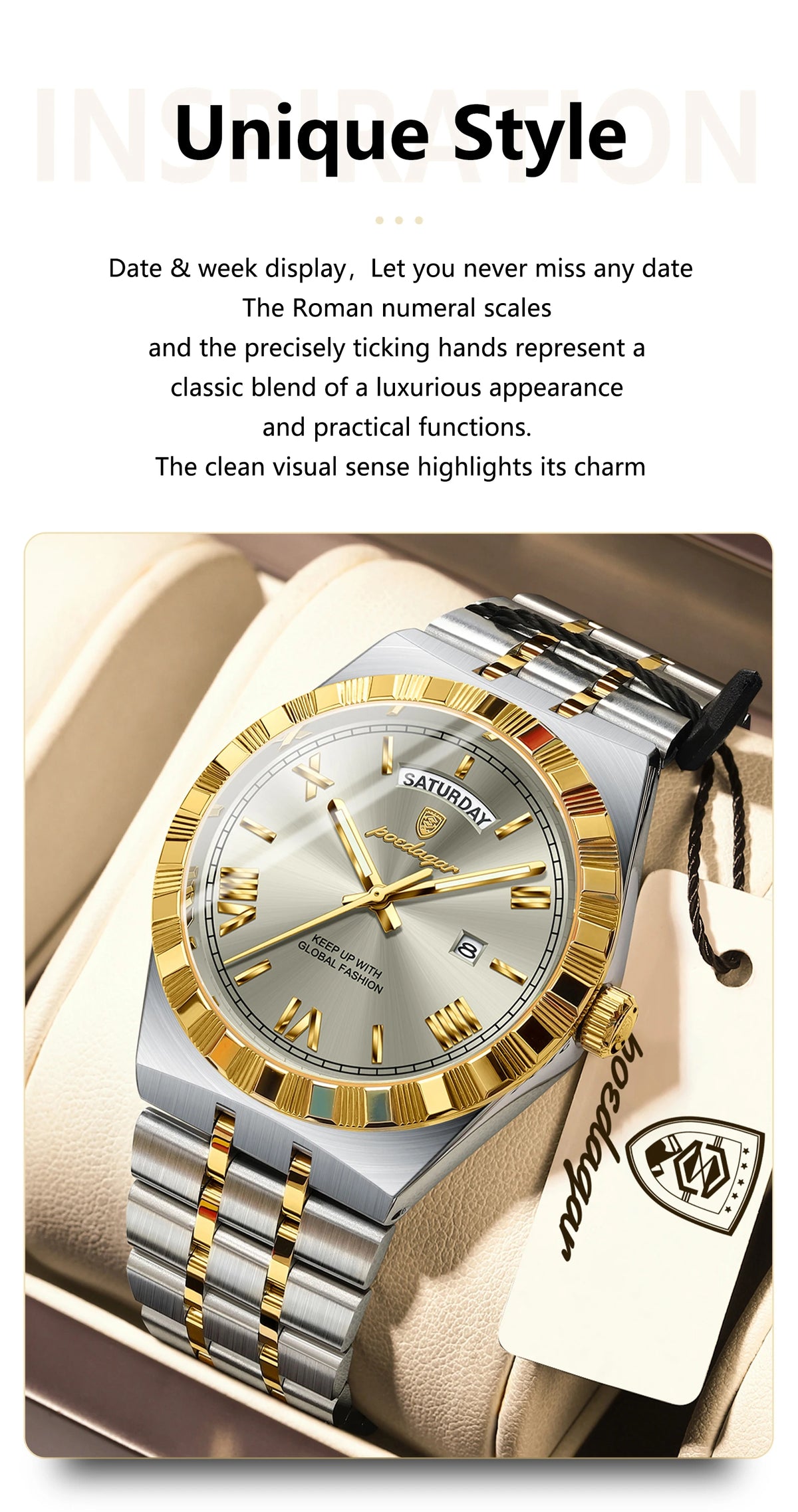 A silver and gold men's quartz wristwatch with a leather strap and a white tag is displayed on a light background.