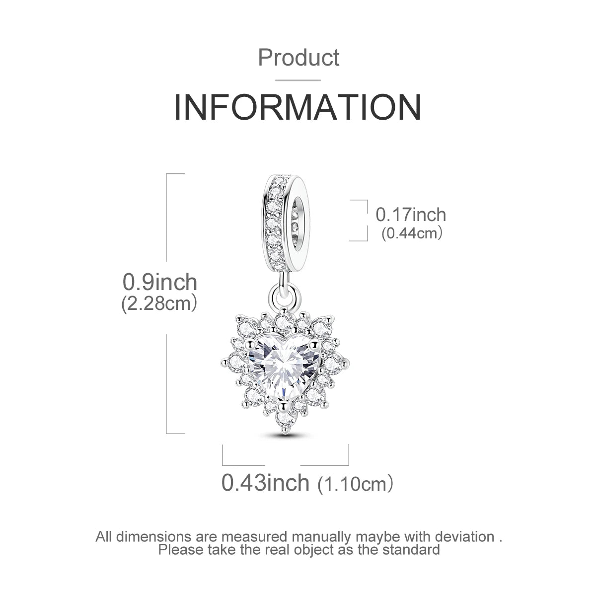 A sterling silver star moon charm bracelet with a detailed pendant and measurements.