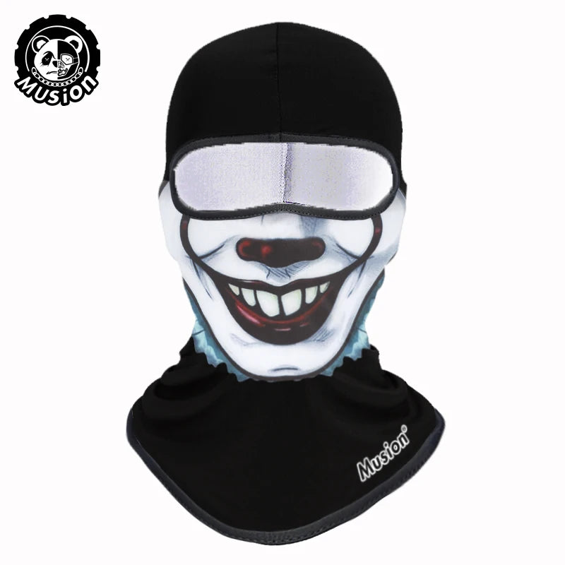 Black full face balaclava helmet liner with a white clown face design