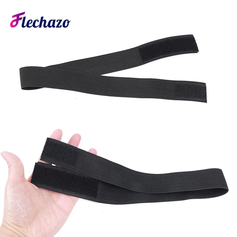 Black elastic wig bands for hair edges shown flat and being held by a hand