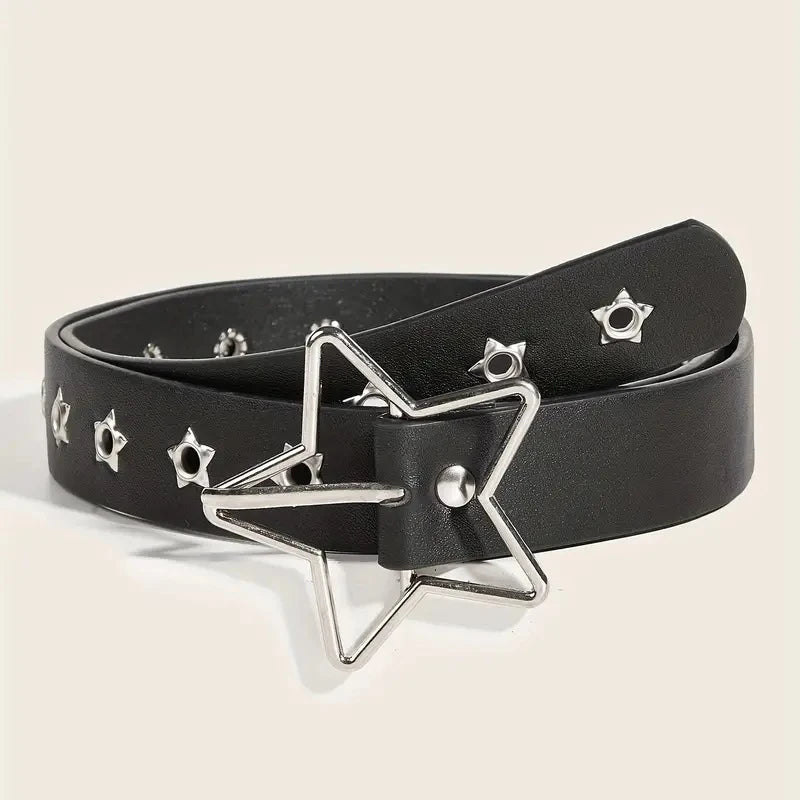 Black Y2K punk star riveted leather belt with silver star hardware