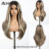 A long, straight ombre lace front wig in shades of blonde and brown displayed on a mannequin head.