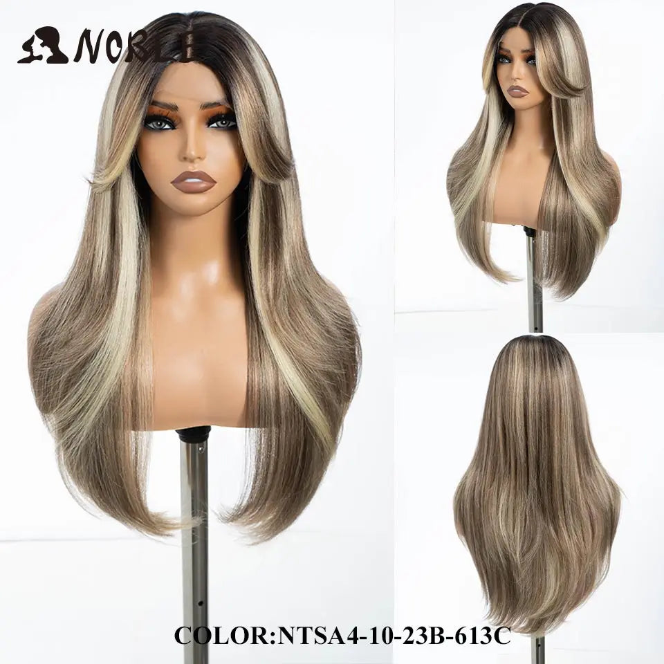 A long, straight ombre lace front wig in shades of blonde and brown displayed on a mannequin head.