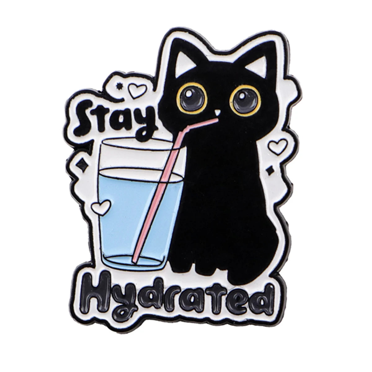 Pin de esmalte de gato negro con un vaso de agua y el texto 'Stay Hydrated'