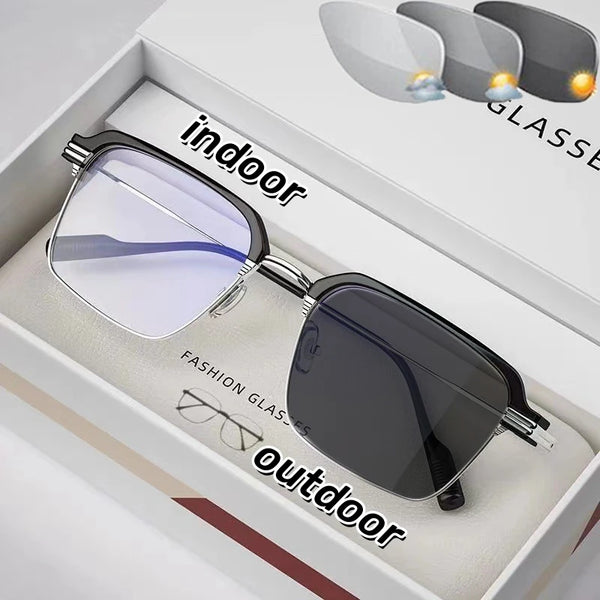 A pair of dark sunglasses is shown in an open box with labels indicating indoor and outdoor use.