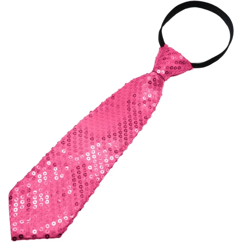 A bright pink sequin tie with a black neck strap for parties and events.
