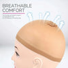 A beige stretchy non-slip wig cap is shown on a mannequin head, highlighting breathable comfort.
