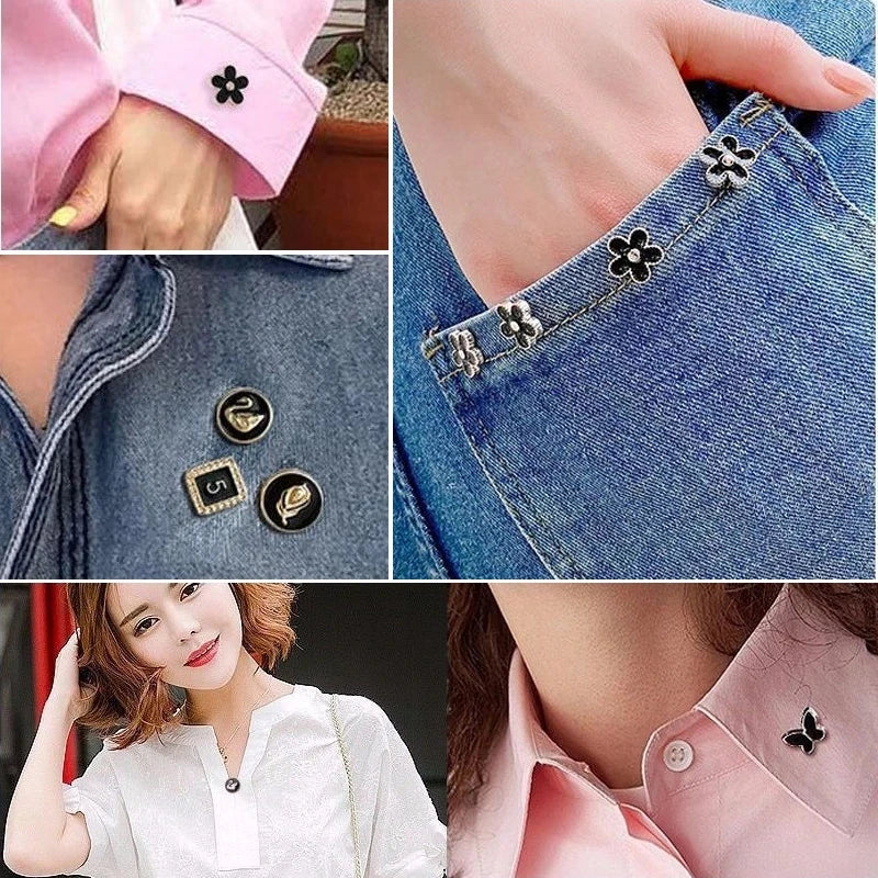 Close-up of elegant floral and geometric button brooch pins adorning denim fabric and pink clothing.