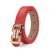 A red leather belt with a gold-tone buckle shown on a white background.