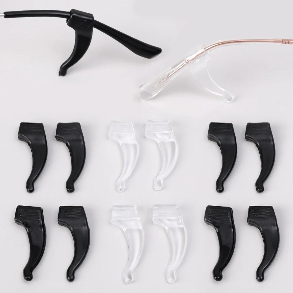 A collection of black and clear silicone anti-slip ear hooks for eyeglasses.