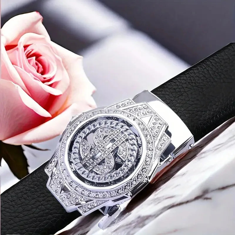 A silver watch with a diamond-encrusted bezel is shown resting on a black leather strap next to a pink rose.