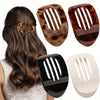 A set of leopard print matte oval hair claw clips in various shades and finishes shown next to a woman's hair.