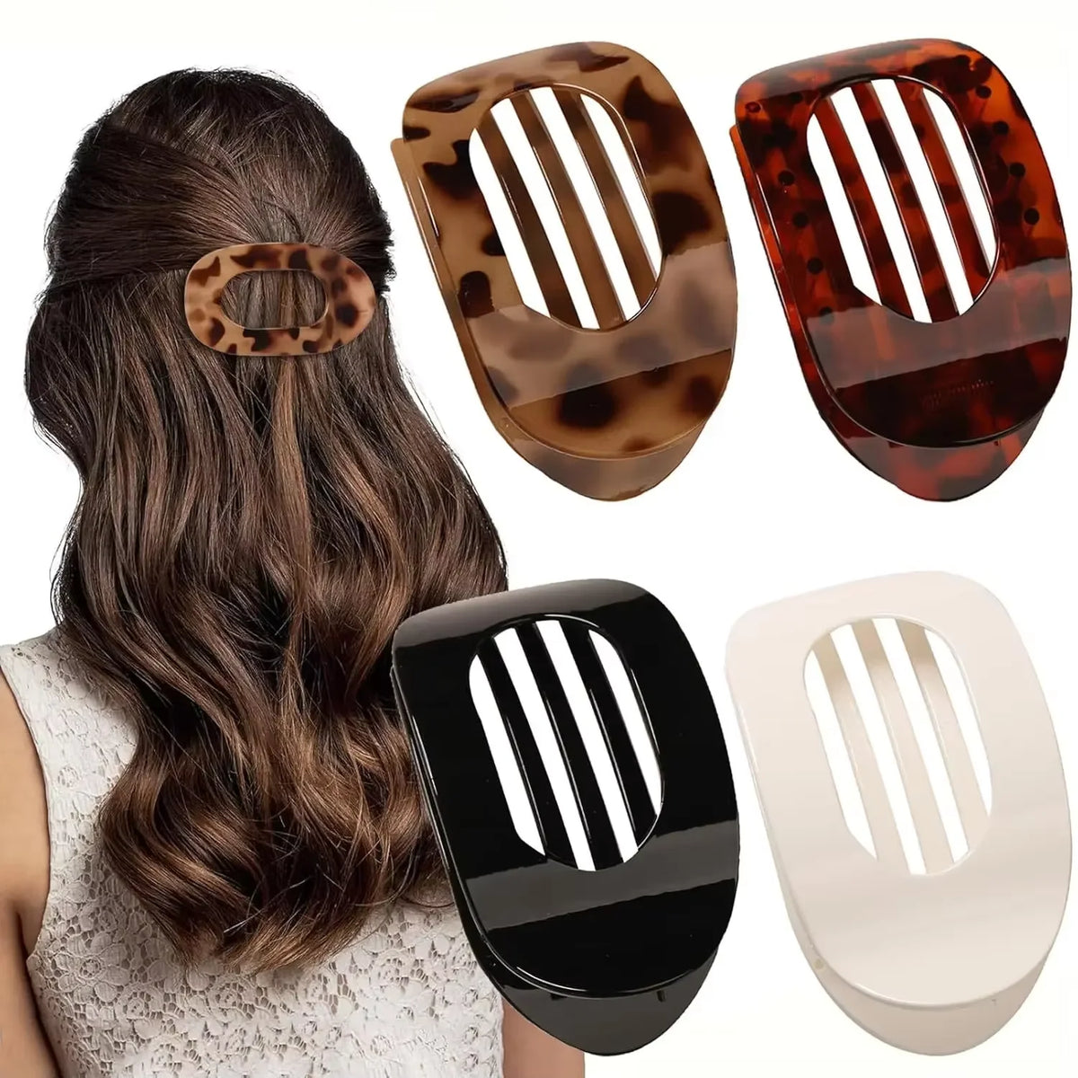 A set of leopard print matte oval hair claw clips in various shades and finishes shown next to a woman's hair.
