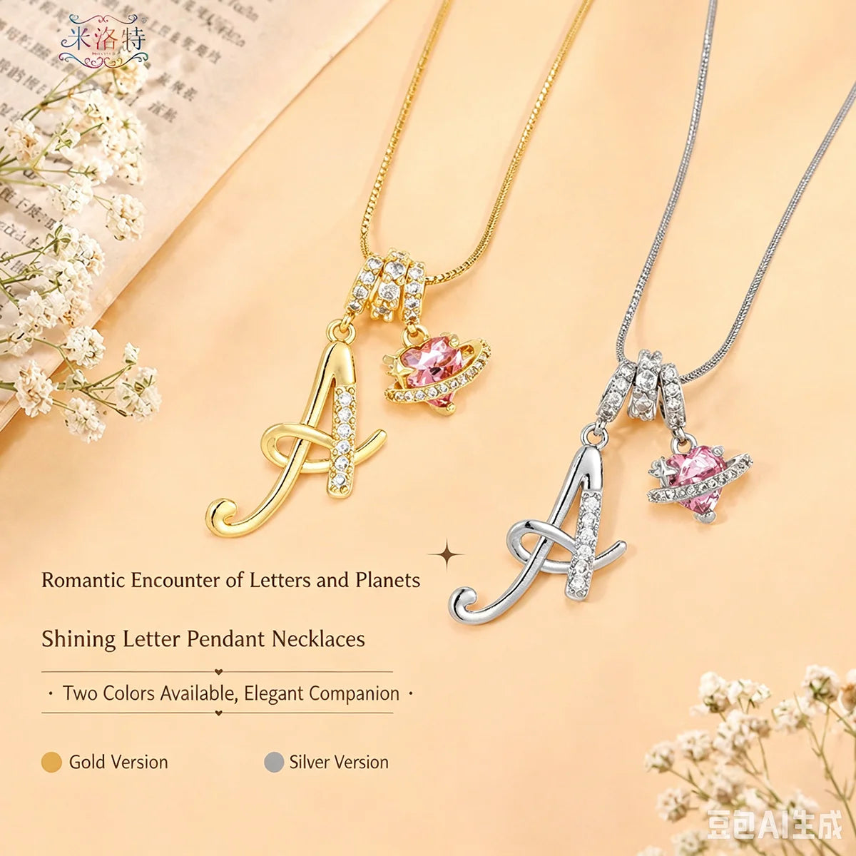 Gold and silver letter pendant necklaces featuring an initial letter charm and a gemstone pendant