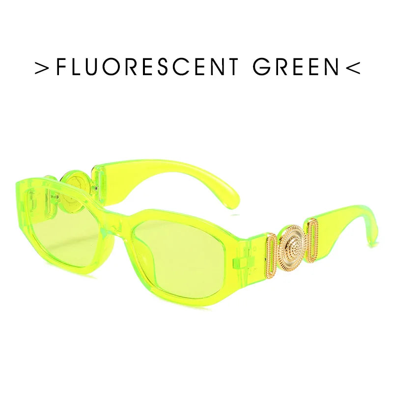 Limettengrüne fluoreszierende quadratische Sonnenbrille mit goldenen Akzenten