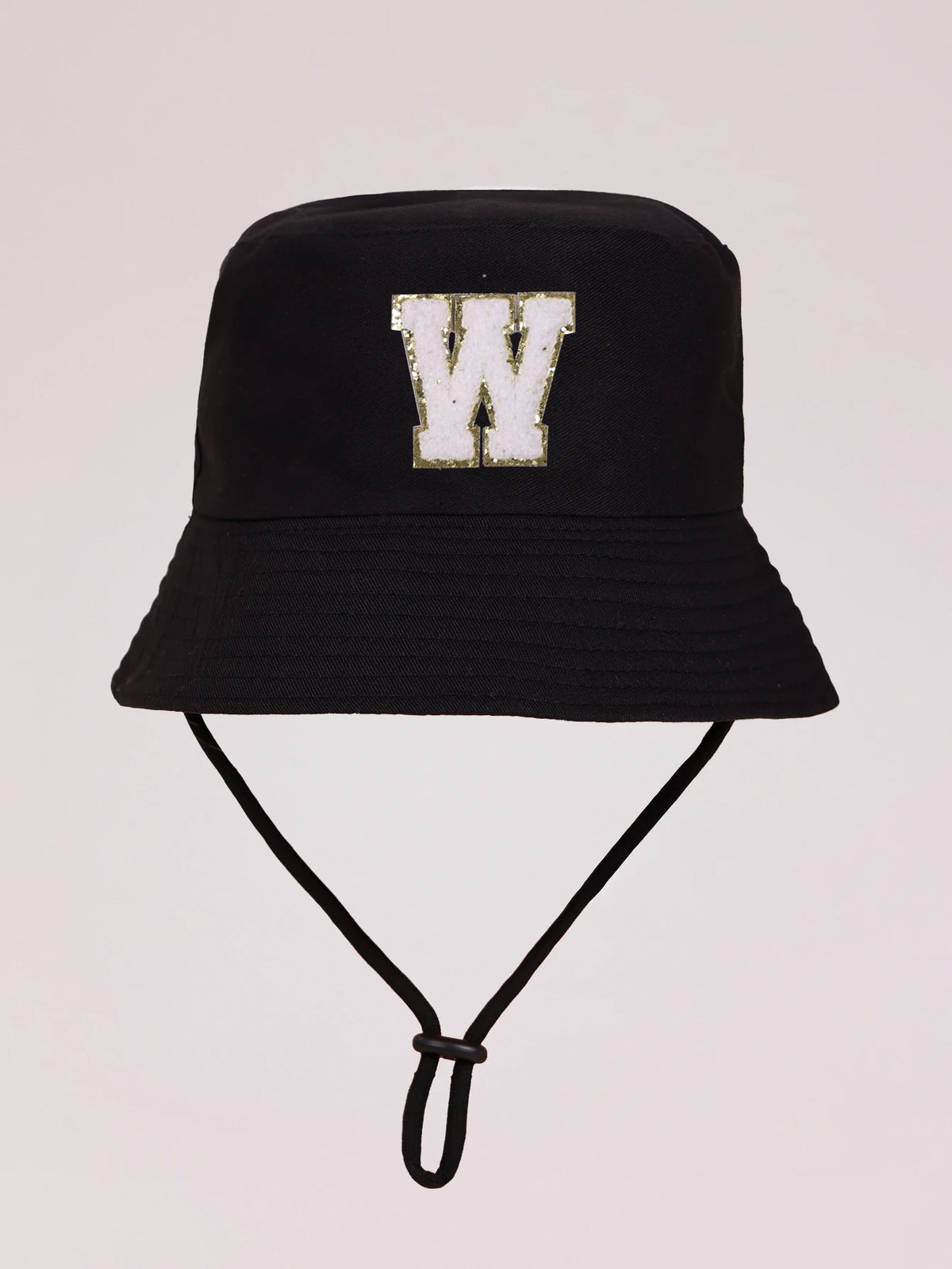 Black sun hat with a gold letter W print and an adjustable cord
