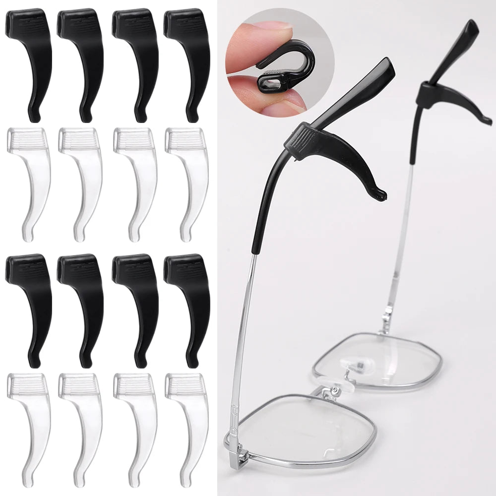 A set of black silicone anti-slip ear hooks for eyeglasses, shown in various angles.