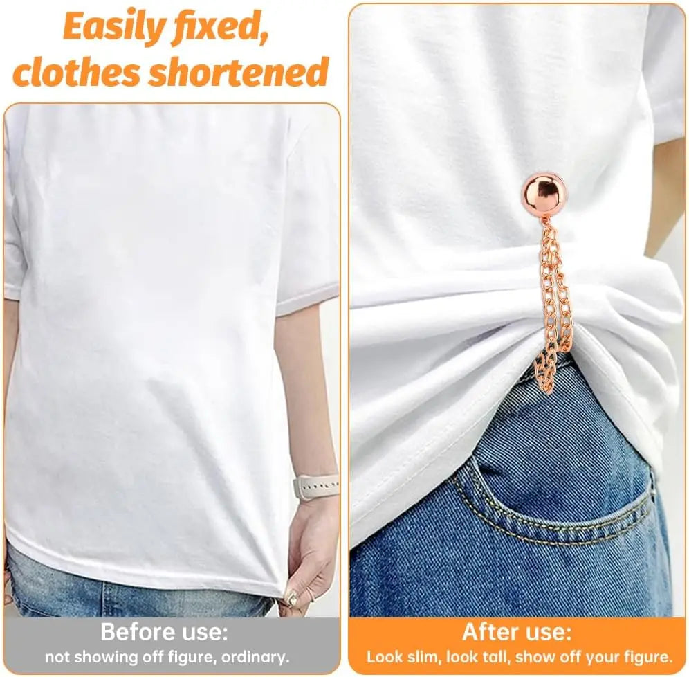 White t-shirt with a gold magnetic clip used to shorten and fix the fabric.
