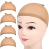 A beige stretch mesh wig cap shown in multiple angles on a mannequin head.