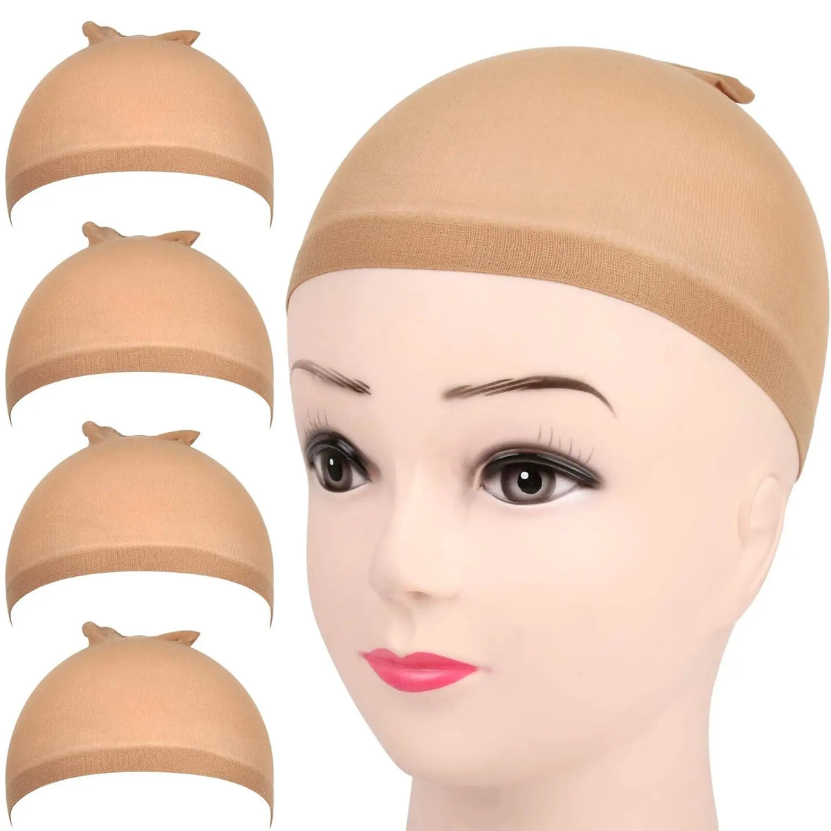 A beige stretch mesh wig cap shown in multiple angles on a mannequin head.