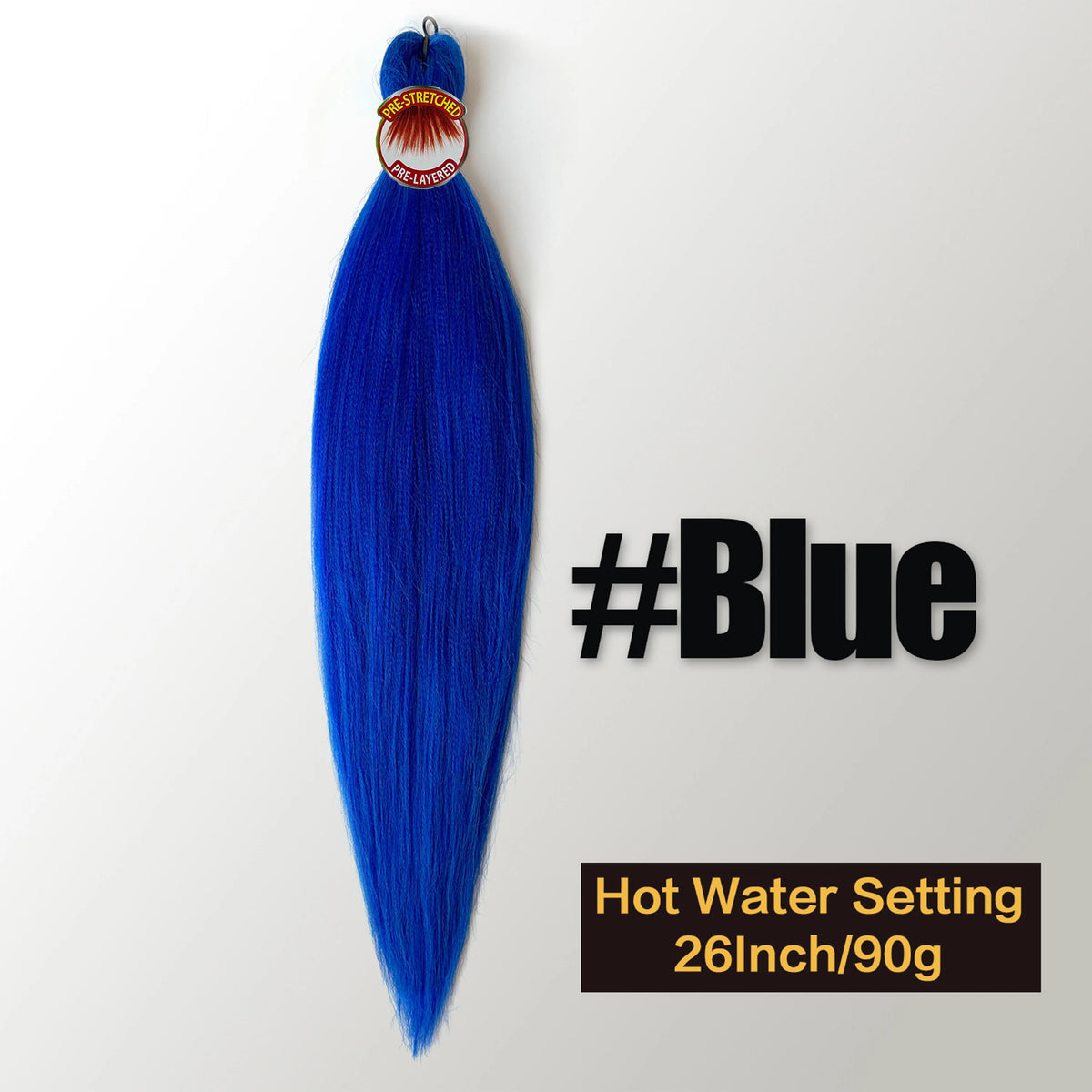 A bundle of bright blue pre-stretched Kanekalon braiding hair extensions with a heat setting label.