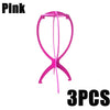 Soporte plegable portátil para peluca rosa con marco curvo y tres piezas incluidas.
