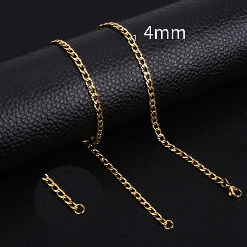 Gold-toned Cuban link necklace shown on a black background with a 4mm chain detail.