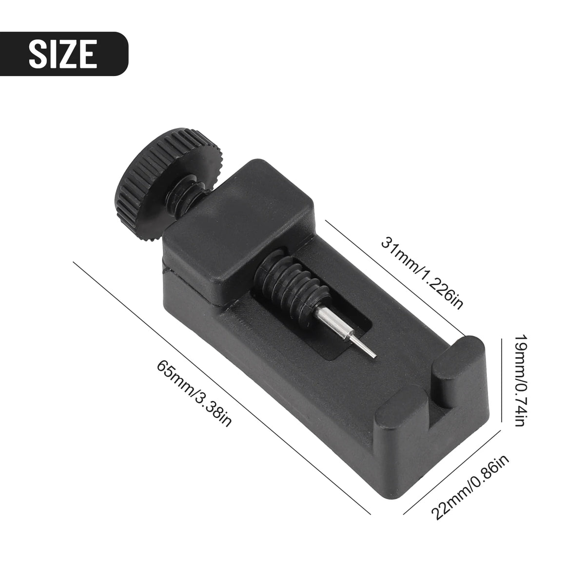 A black precision watch band link pin remover tool with a threaded shaft and a textured end.