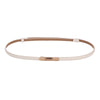 A skinny leather belt with a gold buckle and light beige leather strap.