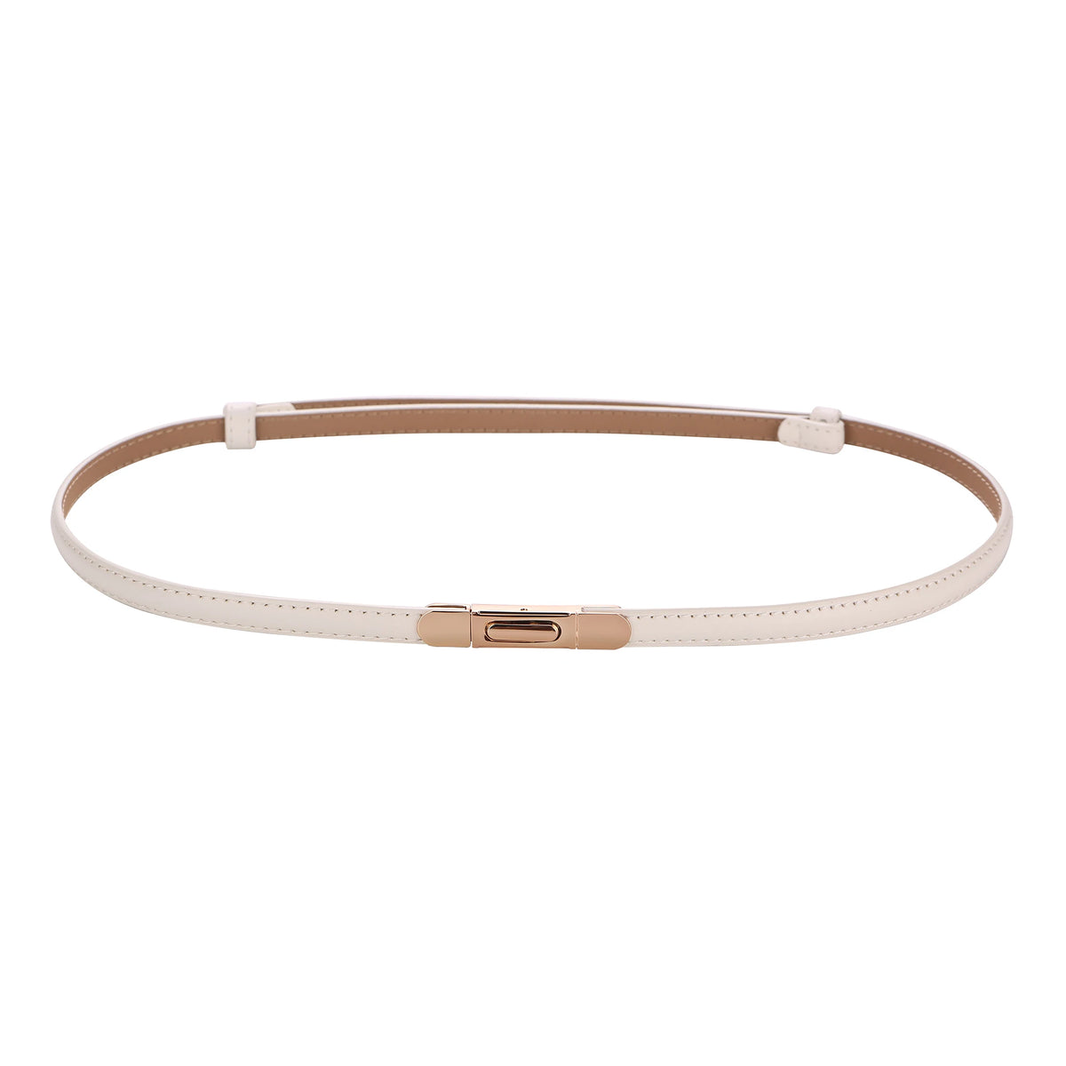 A skinny leather belt with a gold buckle and light beige leather strap.