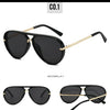 A pair of black aviator-style sunglasses with gold accents shown from the front and back views.