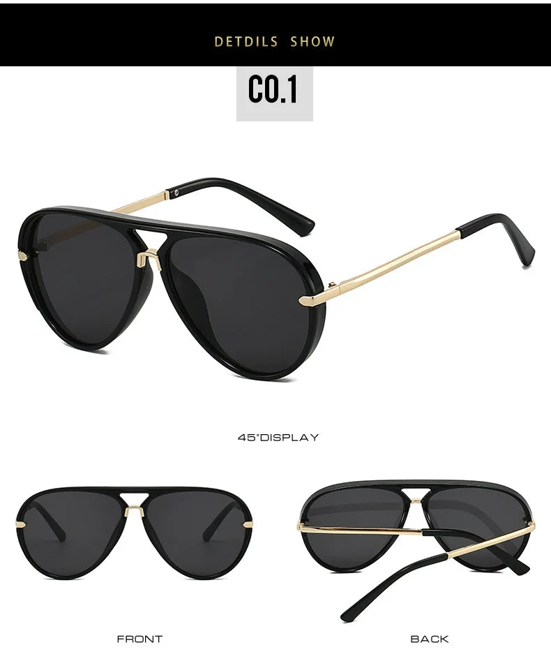 A pair of black aviator-style sunglasses with gold accents shown from the front and back views.