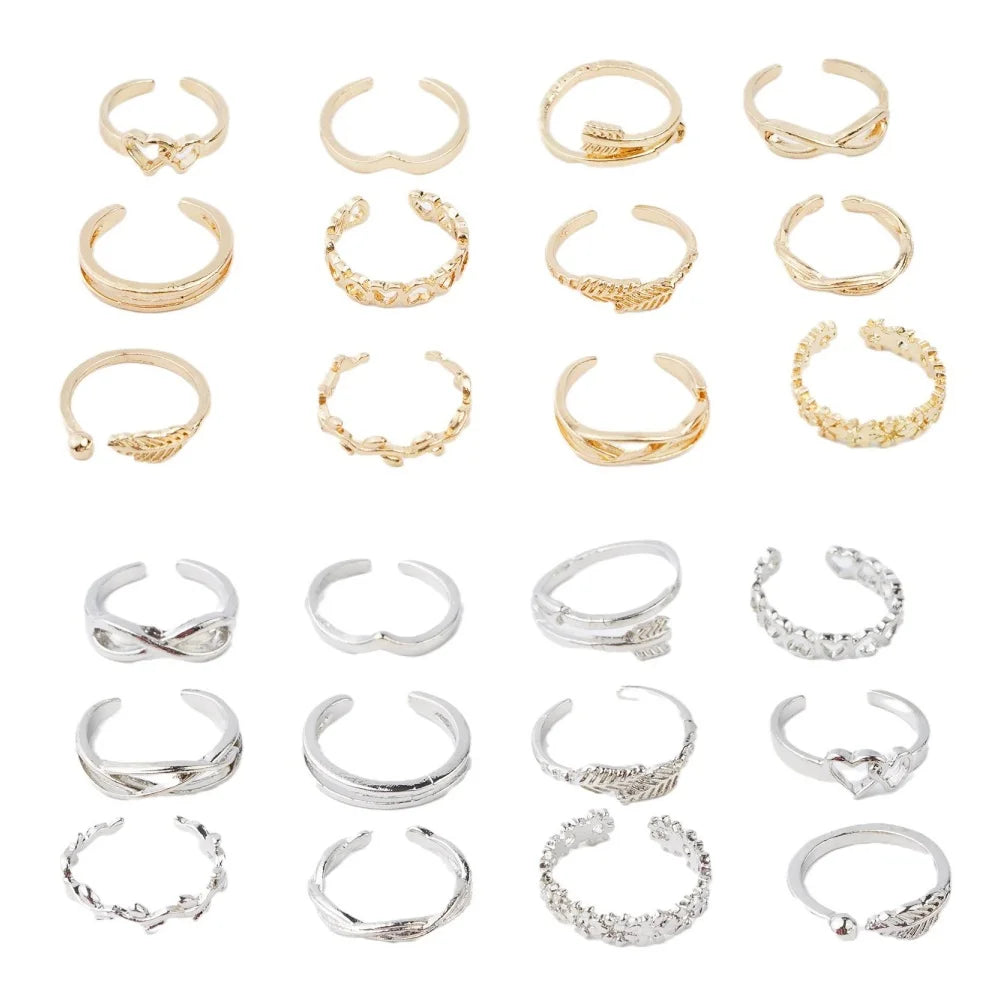 A set of adjustable open toe rings for women in gold and silver finishes.
