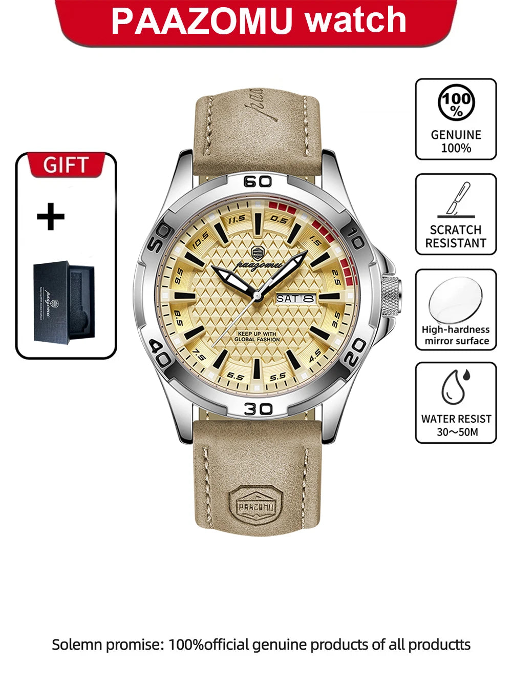 A beige PAAZOMU watch with a silver case and leather strap, featuring a luminous dial and scratch resistance.