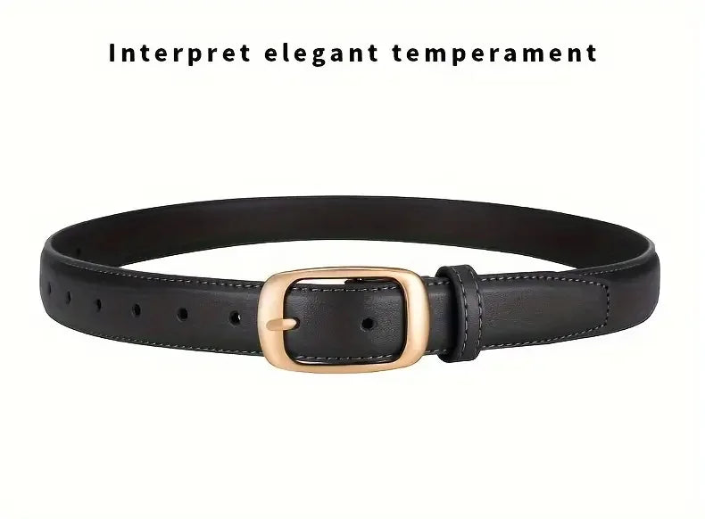 A black leather belt with a gold-toned buckle shown against a white background.