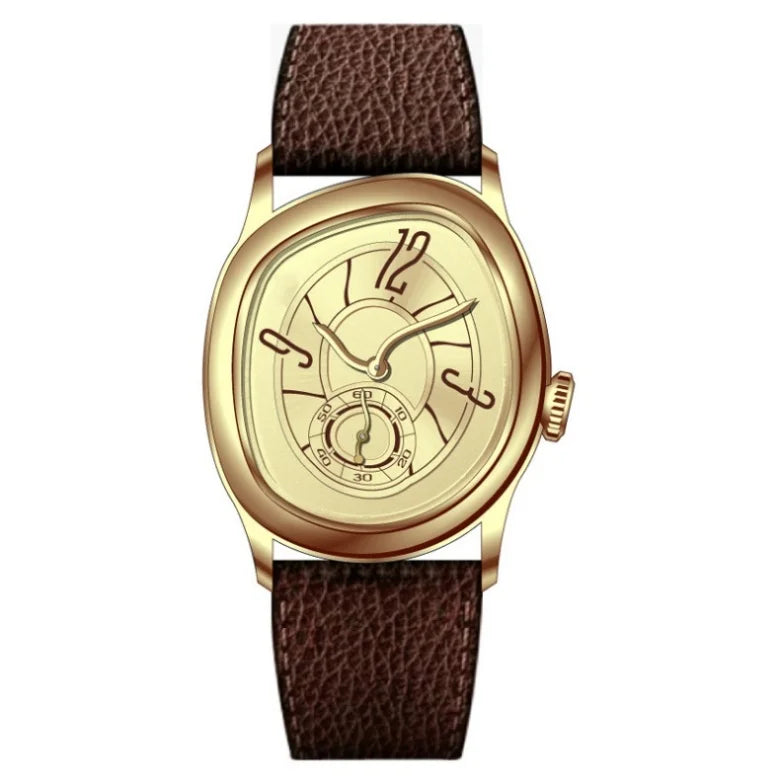 A vintage irregular quartz watch with a gold-toned case and a dark brown leather strap.