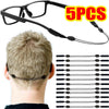 Black adjustable anti-slip eyeglass retainer strap shown with a pair of glasses and multiple individual straps.