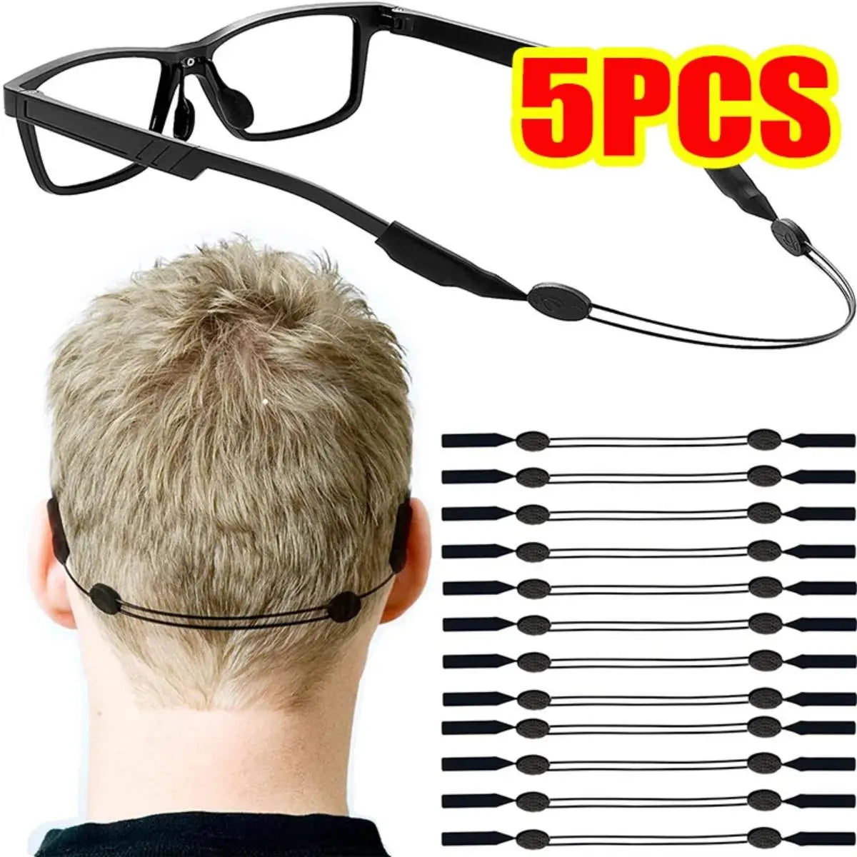 Black adjustable anti-slip eyeglass retainer strap shown with a pair of glasses and multiple individual straps.