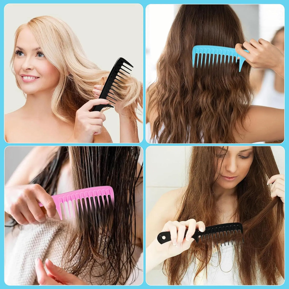 A set of four wide tooth hair combs used for detangling and styling long brown hair.
