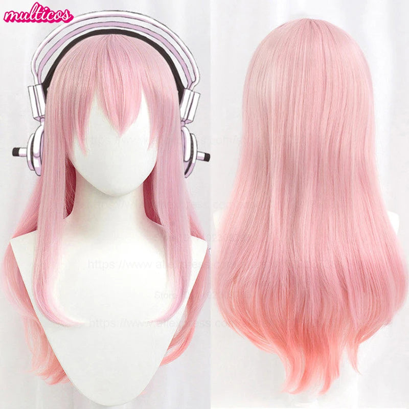 Long pink ombre cosplay wig with a cap shown on a mannequin head.